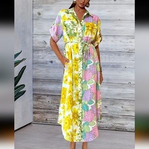 Multi floral print button down shirt dress